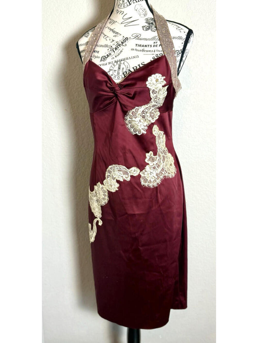 Adrianna Papell Burgundy Halter Lace Party Dress Women's Size 8 - Picture 2 of 15